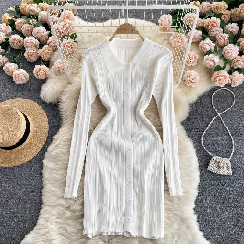 

2021 New Long-sleeved Knitted Spring Autumn Dress Women POLO Collar Slim Short Summer Dresses Sexy Casual Solid High Street