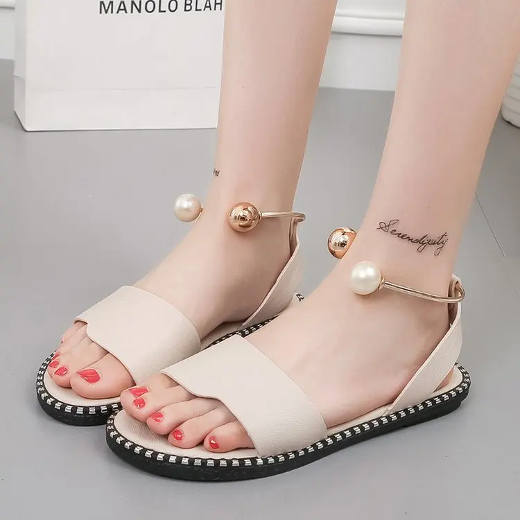 

Zapatos Mujer Fashion Rome Slip-On Women Sandals Flip Flops Solid Round Toe Pearl Buckle Causal Sandals Shoes 2019