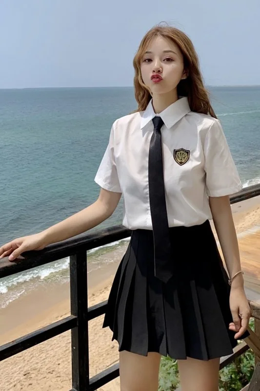 

Japanese JK Uniform Two-Piece Women's Summer Lapel Short-Sleeved Student White Shirt + High Waist Slim Pleated A- line Skirt