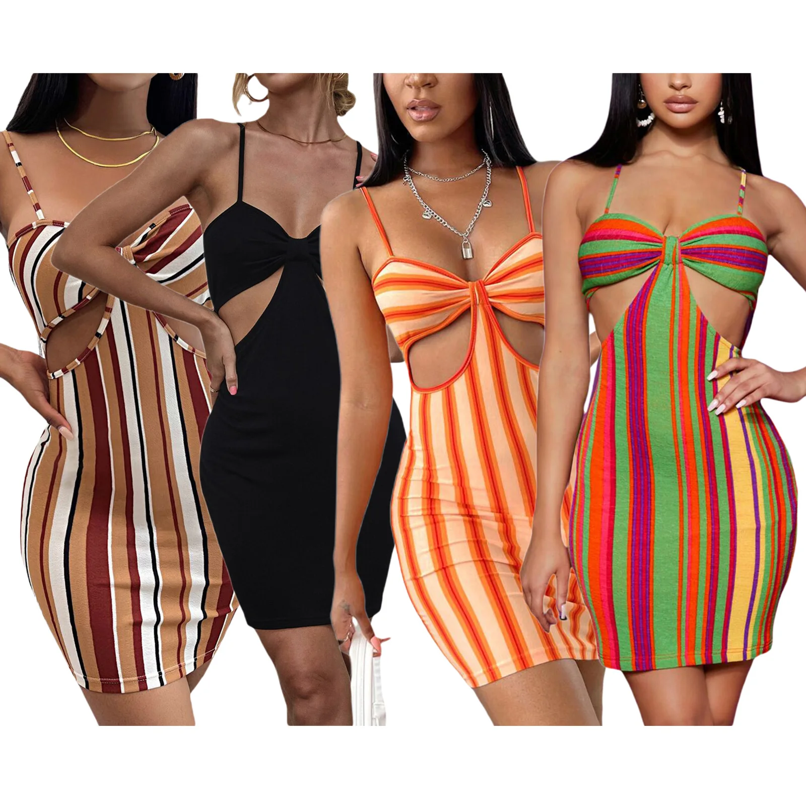 

Women Spaghetti Strap Bodycon Dress Vertical Stripes Print Sexy Hollow Out Sleeveless Elegant Dress Summer Clothing