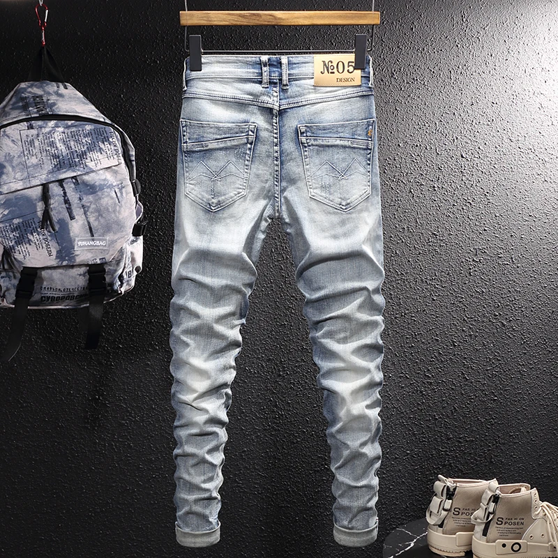 Street Fashion Men Jeans Retro Light Blue Elastic Slim Fit Ripped Jeans Men Korean Style Embroidery Designer Casual Denim Pants