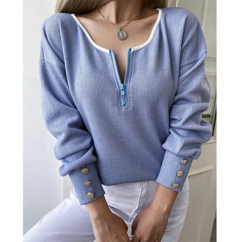

Korean Style Zipper Half-open Collar Lantern Sleeve Knitted Sweaters Women Fashion Long Sleeve Top Female Soft Ropa Mujer