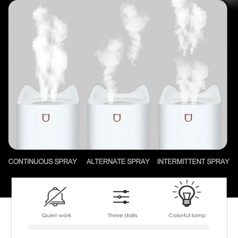 

Ultrasonic USB Humidificador Home Air Humidifier 3000ML Double Nozzle Cool Mist Aroma Diffuser with Coloful LED Light Heavy Fog