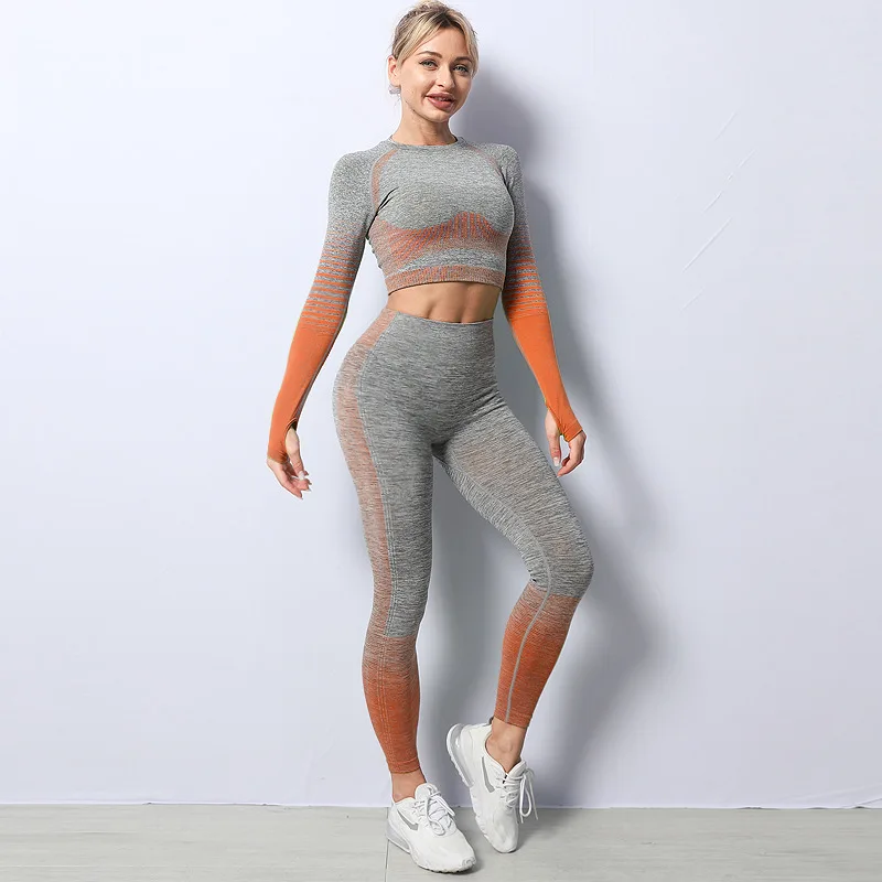

Women's Yoga Basic Gradient Color Seamless Quick-drying Suit Tight Long Sleeve Workout Suit Sports Suit Yoga Suit