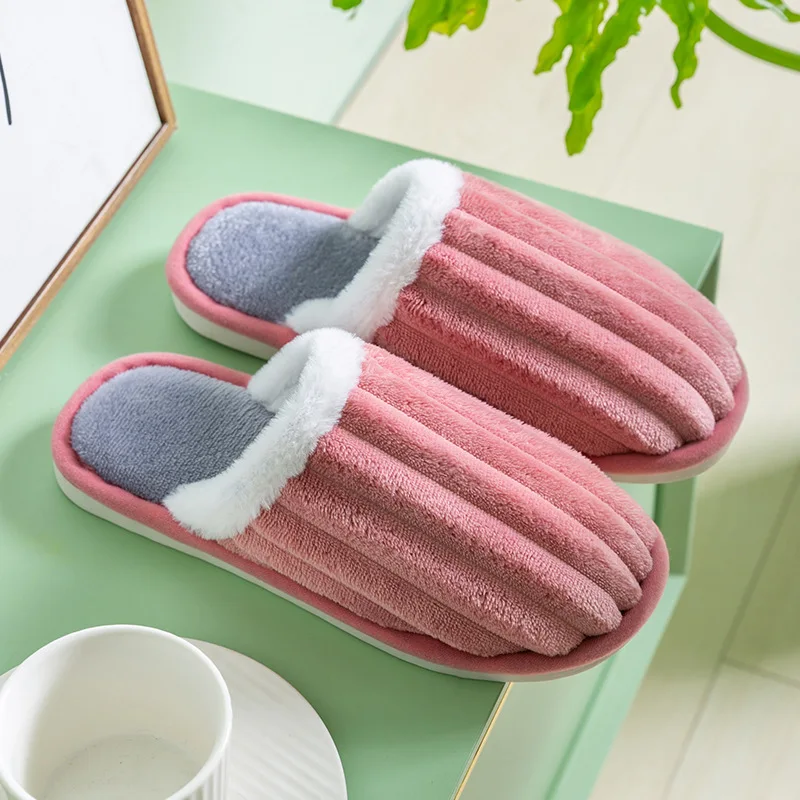 

2022 New Cotton Slippers Couple Plush Warm Striped Cotton Slippers Winter Indoor Non-slip Flip Flops Furry Slippers