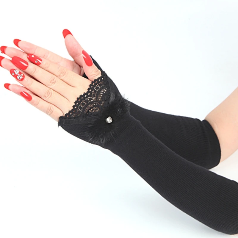 

Женские зимние трикотажные термоперчатки в рубчик, рукава, кружевные Стразы, пушистый бант, эластичные длинные перчатки без пальцев