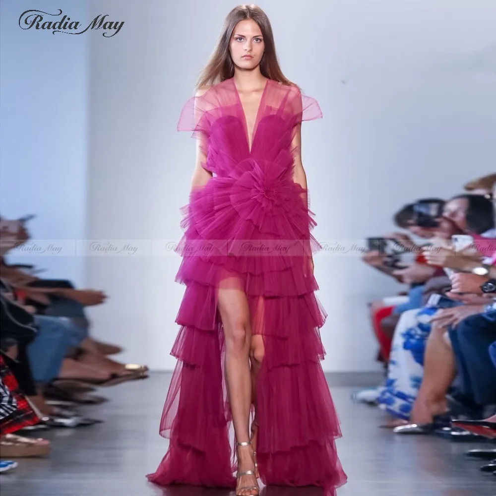 Сексуальные Многоярусные оборки с v образным вырезом ярко розовые платья для