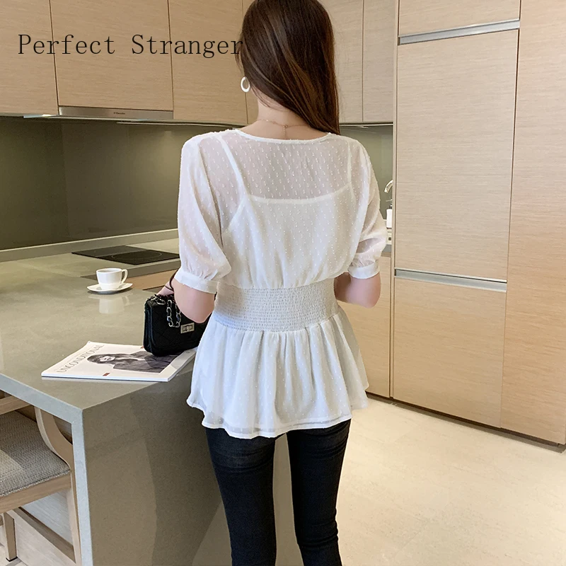

2021 Fashion Womens Tops and Blouses Short Sleeve Shirts Women V Collar Chiffon Women's Blouse Vintage Top Female
