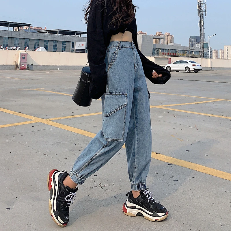 Корейские женские джинсы с высокой талией Длинные шаровары свободные широкие