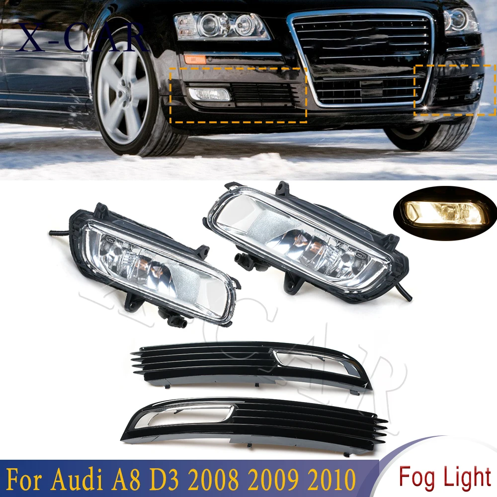 

X-CAR 4E0941699B 4E0941700B 4PCS Left Right Halogen Fog Lights Front Bumper Grille Cover For Audi A8 QUATTRO A8 D3 2008-2010