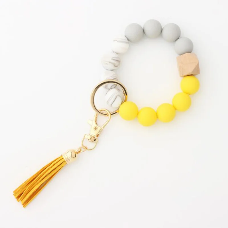 

YEYULIN Beaded Wristlet Keychain Leopard Print Stretchy Silicone Bracelet Key Chain Key Ring With Tassel Jewelry For Women Girl