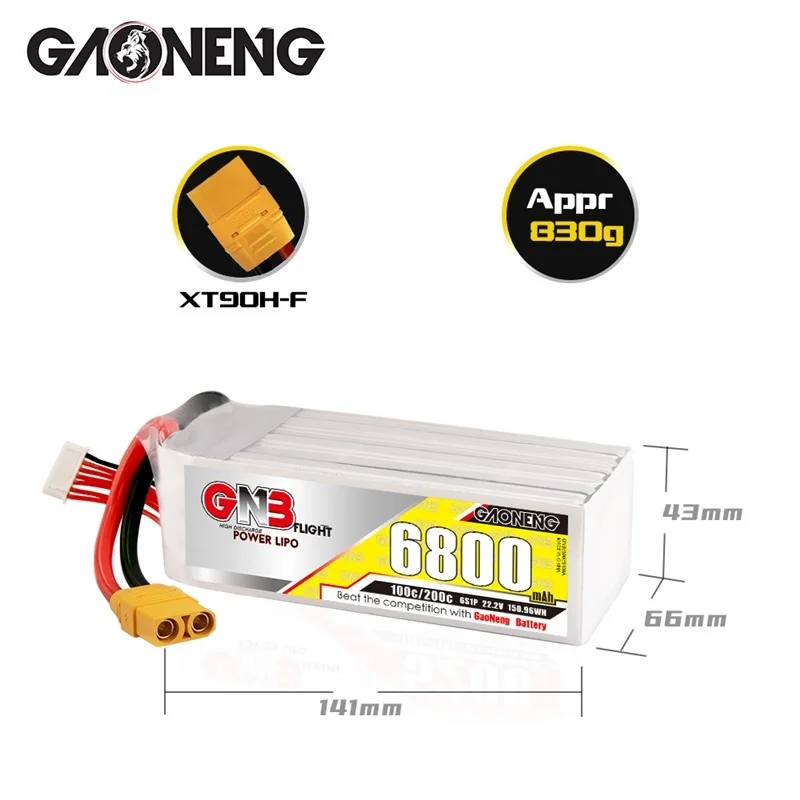

GAONENG GNB 6800mAh 22.2V 6S 100C/200C Lipo Battery For RC Helicopter Quadcopter FPV Racing Drone Parts Any plug can be selected