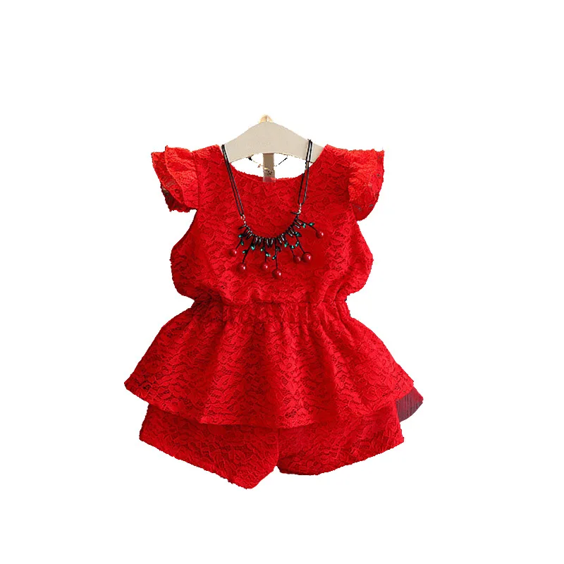

2020 New Arrivals Summer Children Sets Short Sleeve Lace Dresses Red Solid Shorts Cute 2Pcs Girls Clothes Sets 2-7T