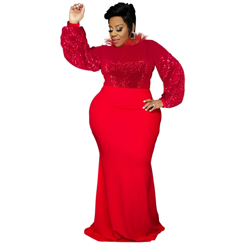 

Adogirl Plus Size Elegant Sequined Feather Patchwork Long Dress For Women Long Sleeve Bodycon Zip Night Party Vestidos Female