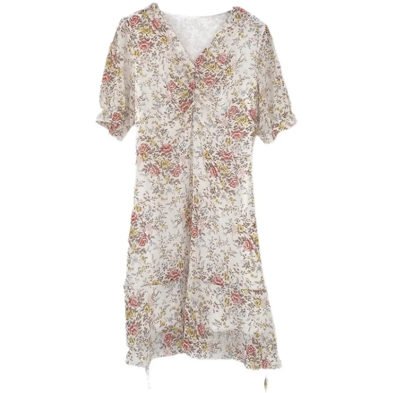 

Summer Sweet Korean Style Puff Sleeve Bandage V-Neck Floral Print Dress Women Party Beach Elegant Vestidos