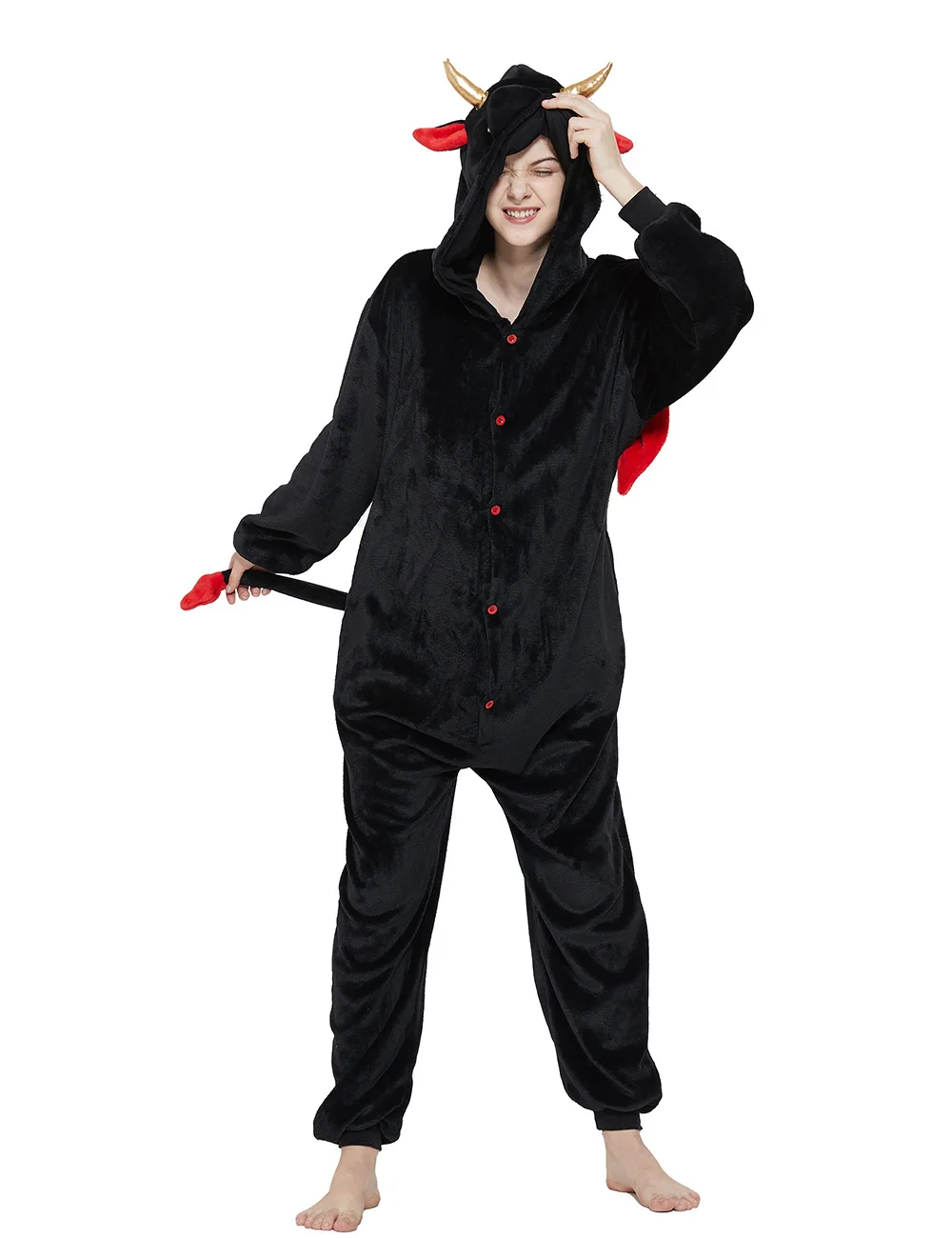 HKSNG Новый взрослых кигуруми дьявол Onesies Пижама Фланелевая пижама с принтом