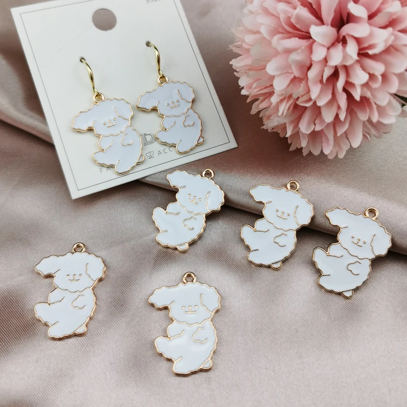

10pc Cartoon White Dog Puppy Enamel Charms Pendants Craft Earring Bracelet DIY Jewelry Making Accessory Gold Color Metal 21*29mm
