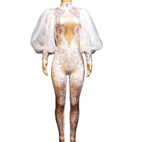 shining diamonds women white mesh jumpsuits lace print one piece bodysuits performance stage jazz dance costume