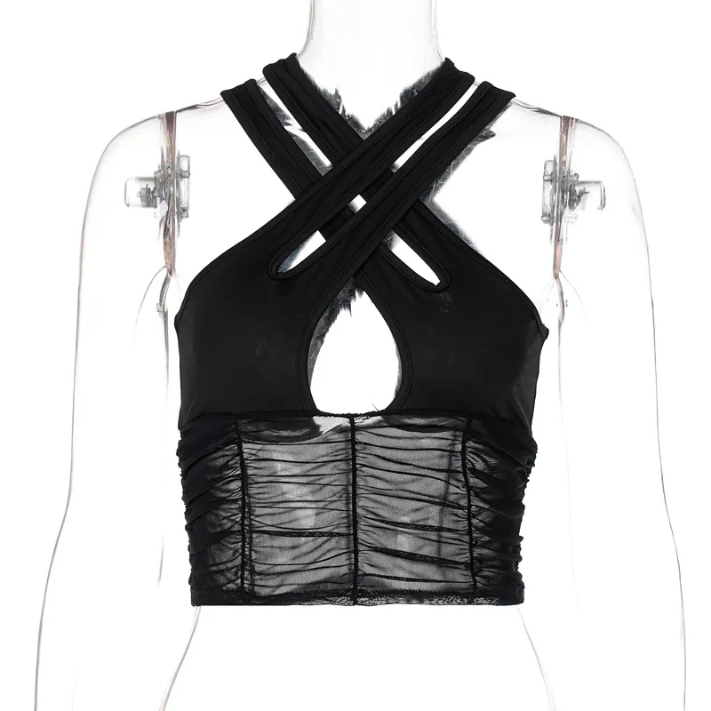 

BOOFEENAA Sexy Cross Crop Top Black Mesh Patchwork Cyber Y2k Womens Clothing See Through Bralette Cute Tank Tops C15-BI10