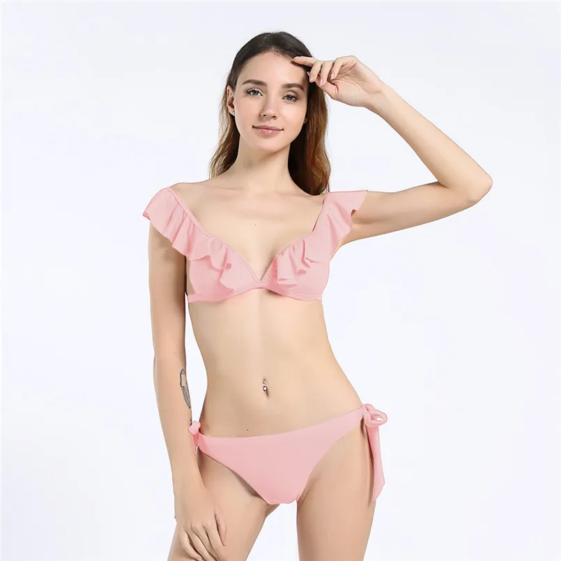 

Women's Solid Red Sexy Bikini Swimsuit Ruffled Shoulder Straps Bikinis Triangle Bottoms Two Piece Ladies Push Up Sets for Beach