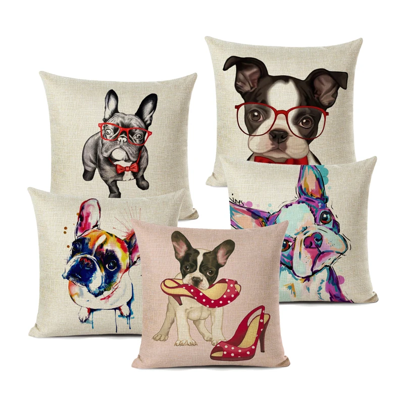 

French Bulldog Pug Dog Cushion Cover Cute Cartoon Dog Printing Pillowcase 45CMx45CM Cotton Linen Sofa Home Decor Pillow Covers