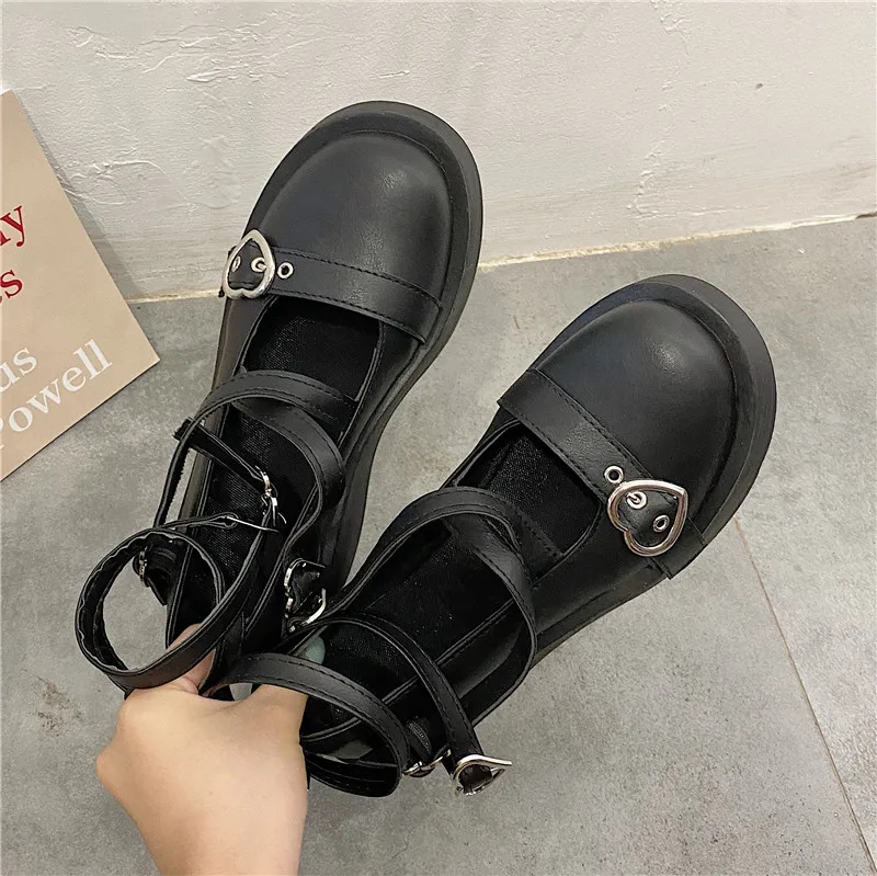 

Sweet Lolita Shoes Platform Round Head Thick Heel Cross Bandage Women Shoes Kawaii Shoes Cosplay Mary Jane Shoes Heart Buckle