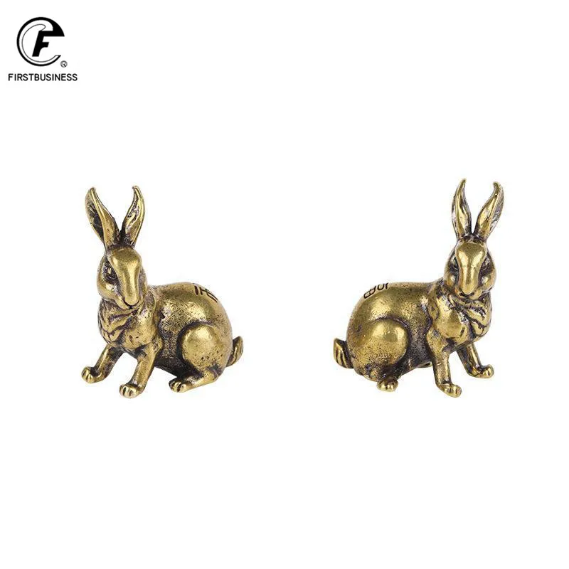 Античная медь Зодиак милый кролик статуя украшения 1 пара Винтаж твердая латунь