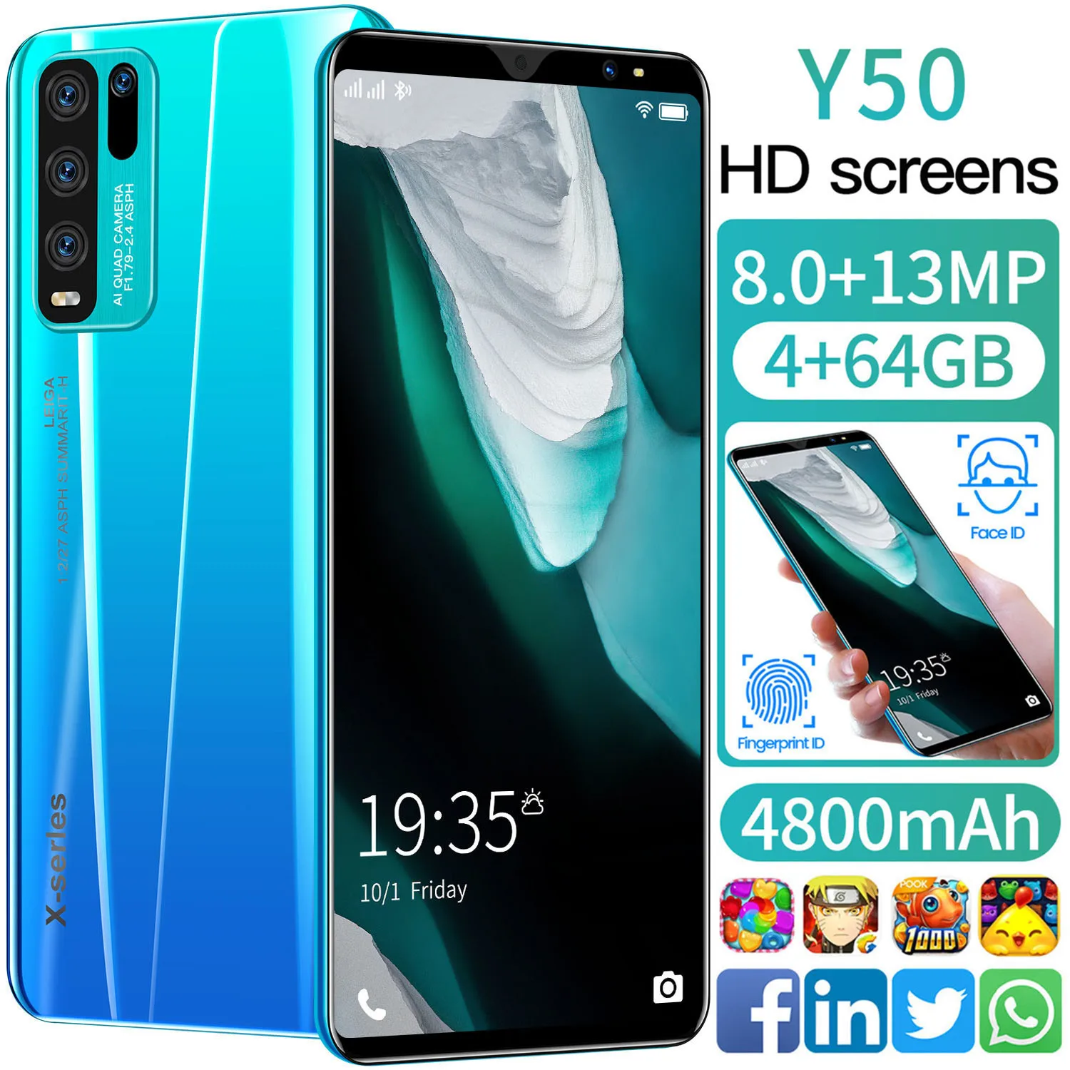 

Global Version Y50 Pro SmartphoneAndroid10.0 4+64G Unlock The Phone, Face Unlock, DualCard Dual Standby Button Ultra-thin Phone