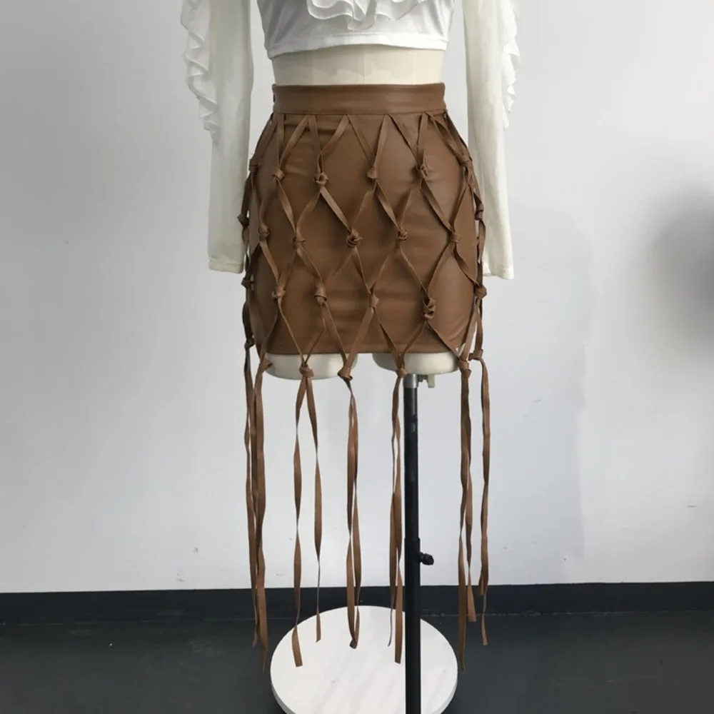 Faux Leather PU Tassel Criss Cross Skinny Skirt Women High Waist Sexy Cool Party Clothes Club Street Bodycon Short | Женская одежда