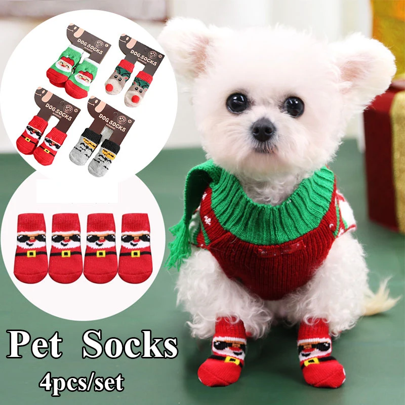 

Зимние нескользящие носки для собак 4 шт./компл., Рождественская обувь для щенков с красным Санта-Клаусом, теплые вязаные носки для маленьких...