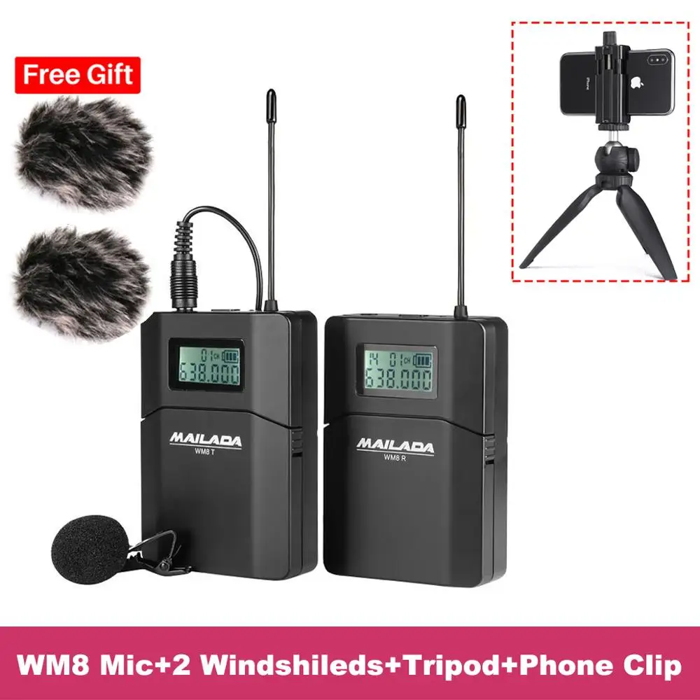 With Tripod clip Mailada WM8 Профессиональный UHF беспроводной микрофон система видео запись петличный нагрудный микрофон для iPhone DSLR рекордер интервью - Цвет: With Tripod clip