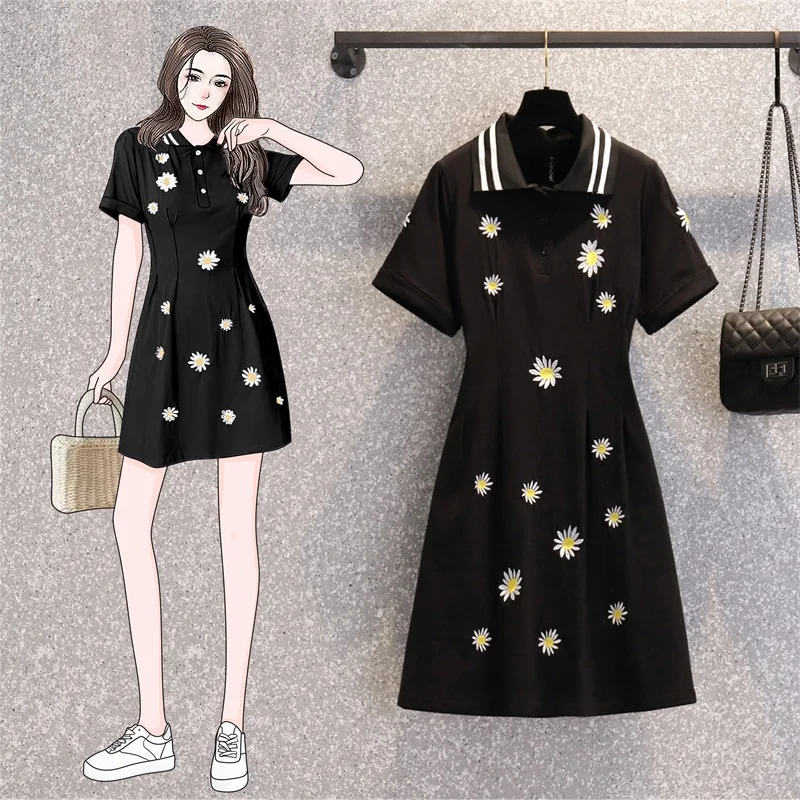 

4XL Plus Size Women Cute Daisy Flower Embroidery Dress Summer 2021 Striped Turn-down Collar Short Sleeve Cotton T shirt Dresses
