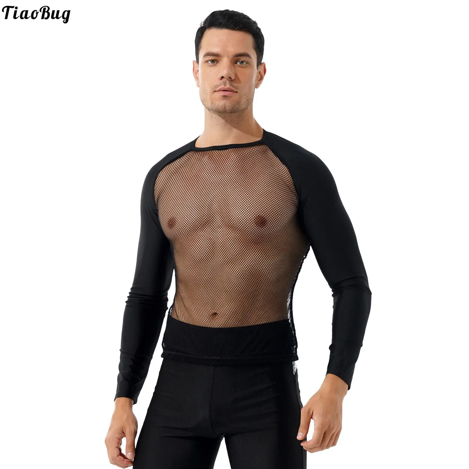 

Summer Men Fashion See-Through Mesh Beach T-Shirt Long Sleeve Patchwork Tops For Party Stage Show Nightclub Dating Bathing