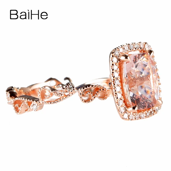 BAIHE Solid 14k розовое золото обручальное кольцо 6x8 мм Подушка 1.28ct натуральный морганит романтическая мода ювелирные изделия 0.12ct SI бриллианты