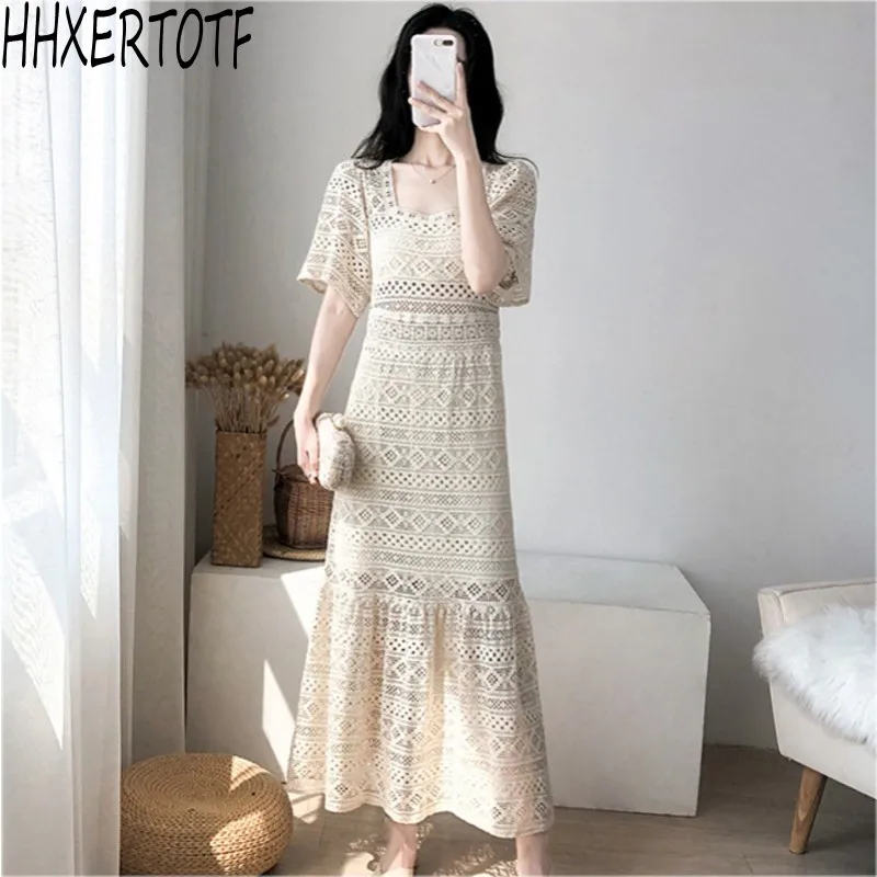 

2021 summer fashion temperament women short Sleeve Square Collar Casual Party lace Dresses