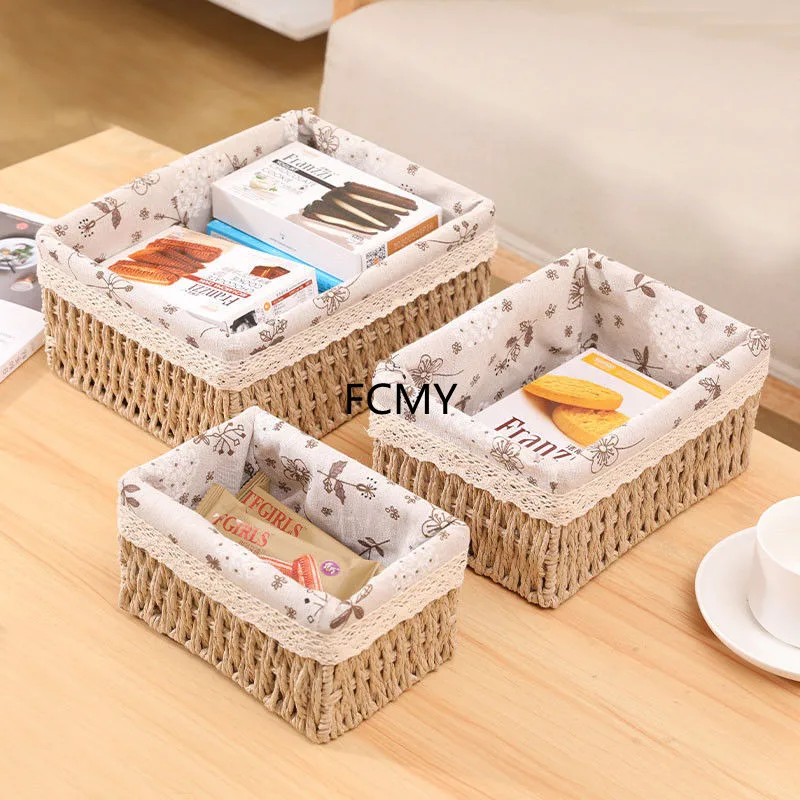 

Desktop Rattan Basket Storage Box Snacks Fruit Sundries Cosmetic Office Stationery Storage Basket Home Organization and Storage