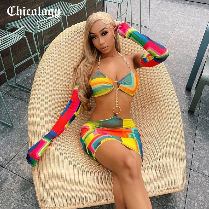 

Chicology 2021, женское летнее платье с мультипринтом, мини-платье с лямкой на шее, сексуальное модное платье с длинным рукавом, уличная одежда, веч...