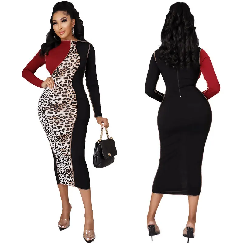 

Temperament Commuter Leopard Waist Dress In Women's Dress In The Package Hip New Cultivate One's Morality Long-Sleeved Dress