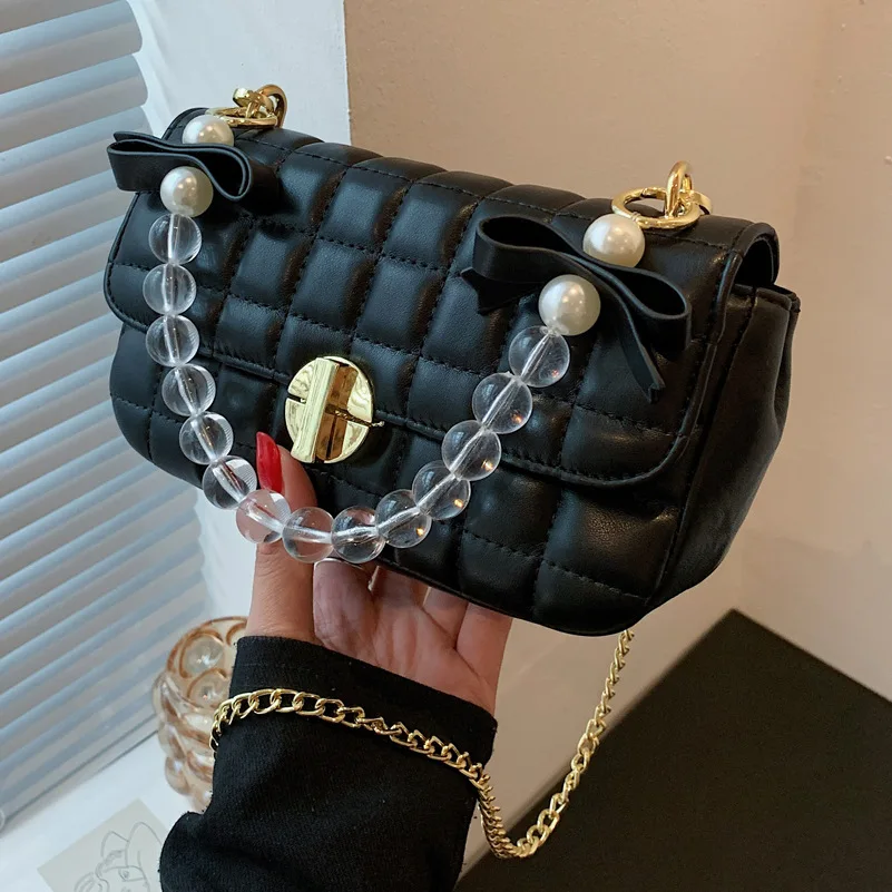 

2021 New Stylish Shoulder Messenger Bags Women Diamond Lattice Beaded Chain Handbag PU Grid Flap Ladies Satchel Crossbody Purse