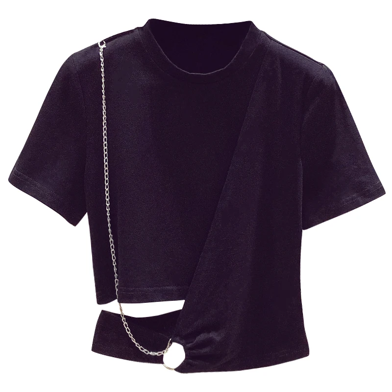 

Slim Fit High Waist Black Tshirt for Women 2021 Summer New Design Chain Decoration Round Neck Sexy Lady Tops
