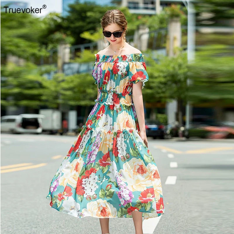 Summer Runway Fashion Holiday Dresses Women's Elegant Off The Shoulder Flower Print Midi Beach Dress
