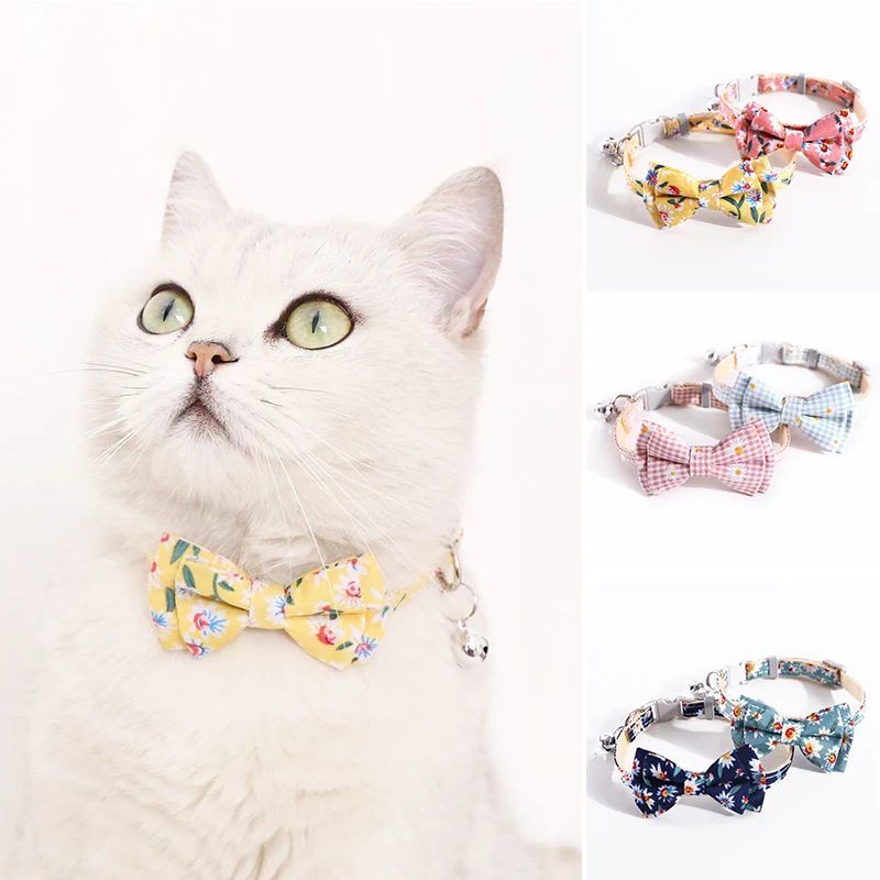 Adjustable Pet Collar Lovely Pet Bow Bell Necklace Safety Tie Lovely Daisy Flowers Collar Cotton Comfortable Pet Accessories