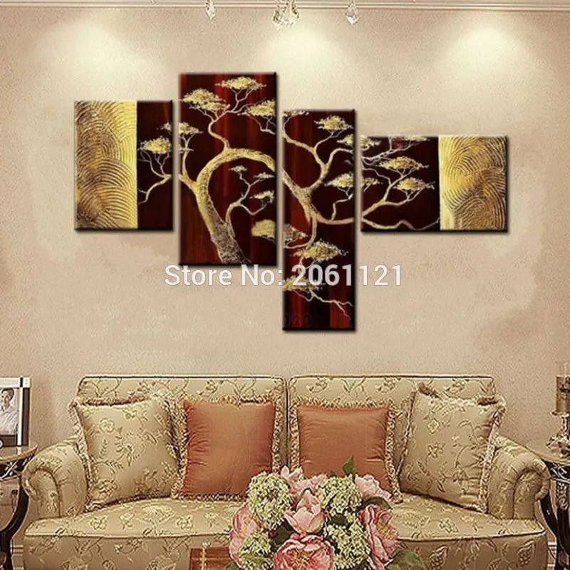 

handmade 4 Piece Sets Modern Abstract Golden Brown Oil Painting On Canvas pine tree Wall Art Home Living Room Decor For Sale