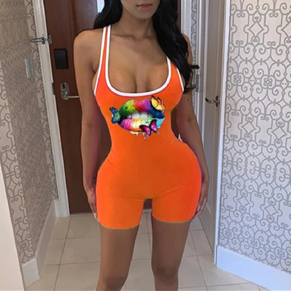 

Bodysuit Women Sleeveless Bodycon Jumpsuit Colorful Lip Butterfly Print Fitness Sports Rompers Summer Ladies Jumpsuits 2021