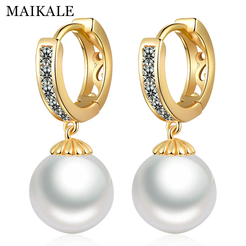 Женские серьги подвески с жемчугом MAIKALE круглые большие корейские фианитом