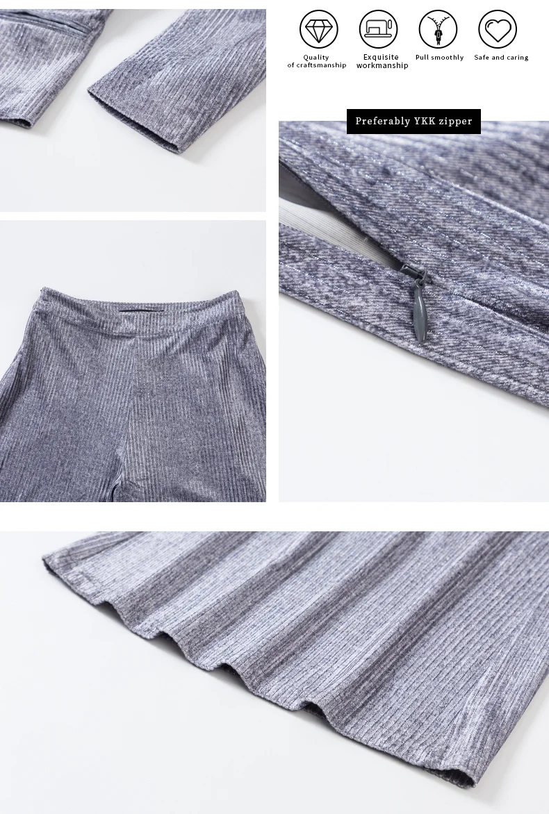 

2021 Spring High Quality Fashion Women Sliver Velvet Clothing Two Pieces Suit Set
