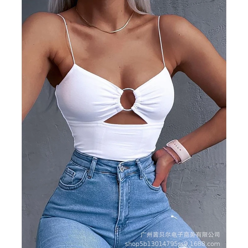 

WEPBEL Round Ring Hollow Out Camis Women's Sexy Solid Color Slim Camis Summer V-neck Backless Spaghetti Strap Camis Top