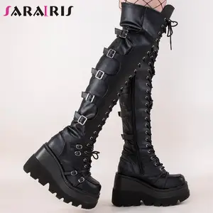 ins hot brand lady knee high boots platform buckle wedges thick bottom womens boots cool street goth casual woman shoes free global shipping