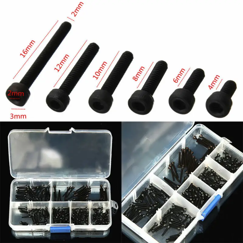 

180pcs/box M2 Carbon Steel Hex Socket Head Cap Screw Carbon Steel Socket Screw Accessories Kit M2 M3x4 /6 /8/10/12/16/20mm