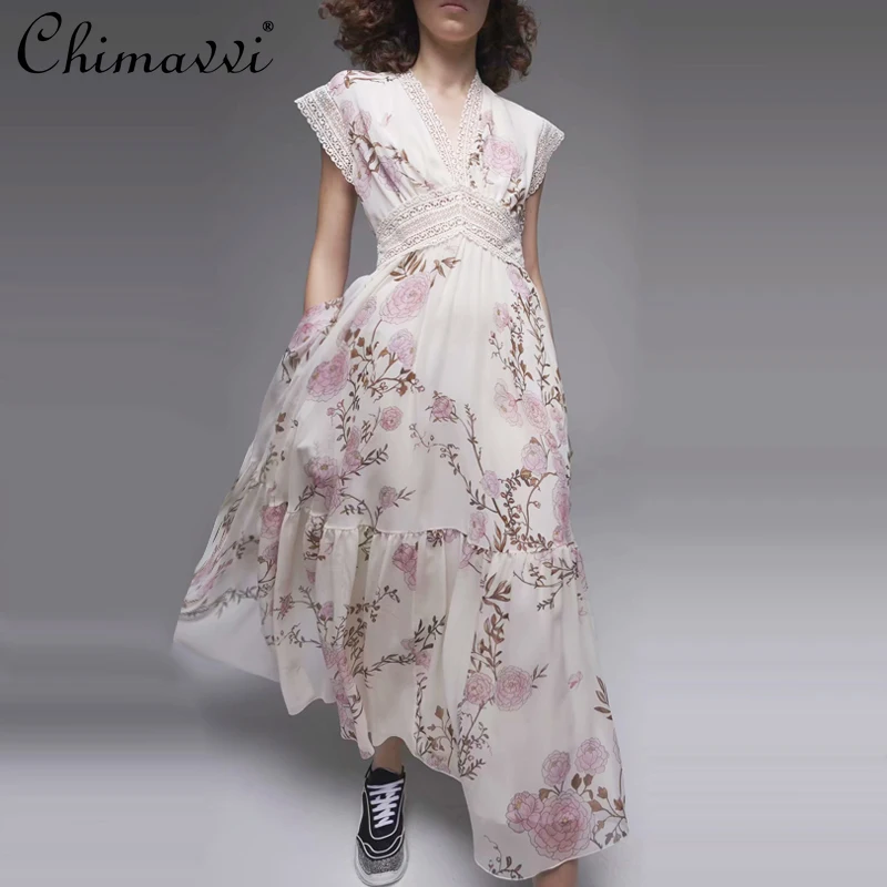 

2021 Summer V Neck Chiffon Long Floral Dress for Women Short Sleeve High Waist Dress Female Elegant Slim Chiffon Dress